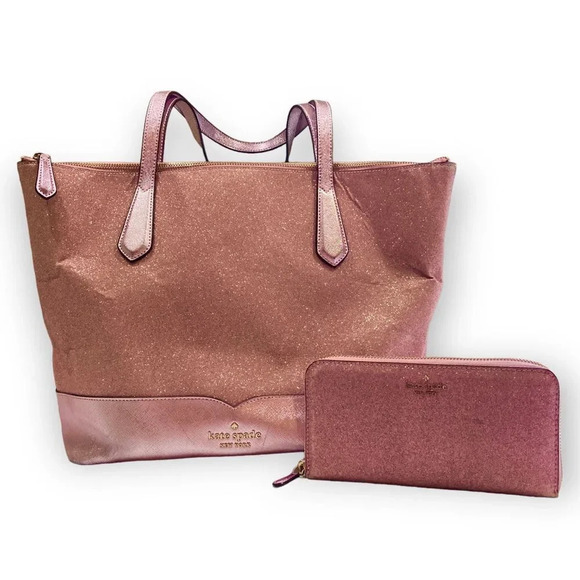 KATE SPADE Lola Glitter Tote & Wallet Pink Set